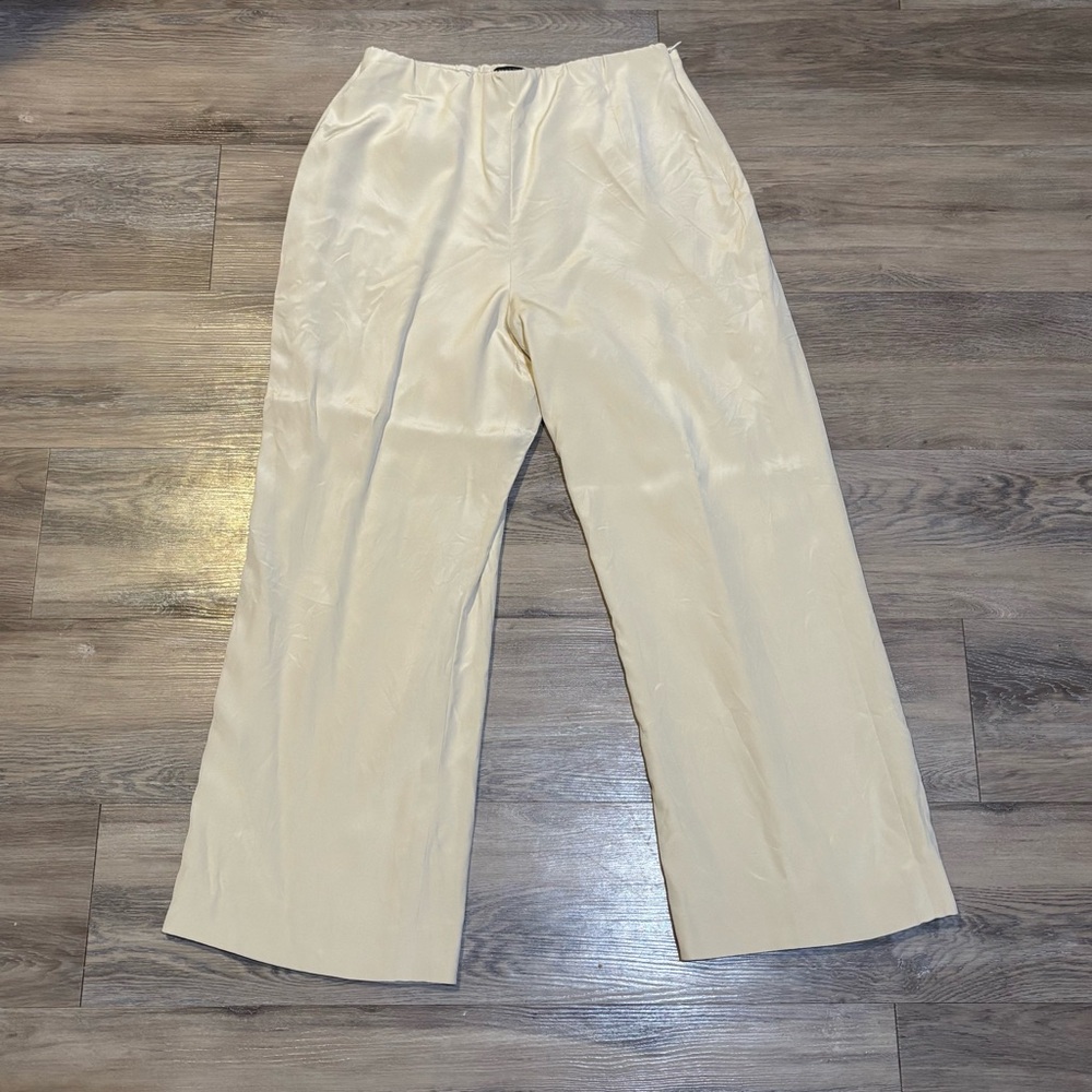 Lafayette 148 ivory silk stretch lined side zip wide leg crop ankle pants Sz 10